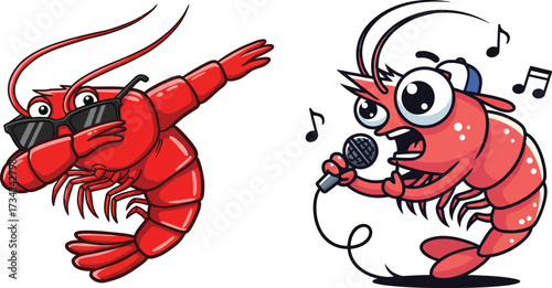 Cartoon shrimp dancing and singing isolated on white backgroundCartoon shrimp dancing and singing isolated on white background