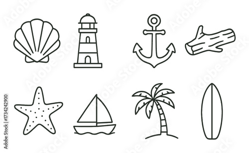 Nautical icons on olive background: shell, lighthouse, anchor, and more