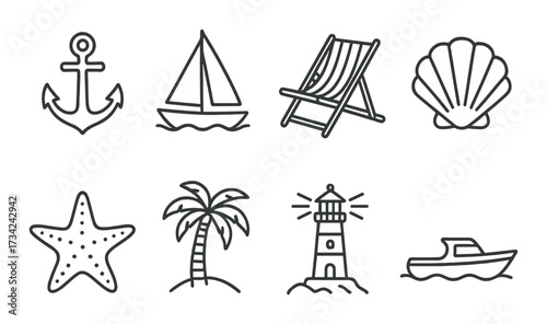 Nautical icons: anchor, sailboat, beach chair, shell, starfish, palm tree, lighthouse, boat