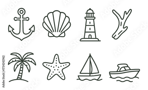 Nautical icons: anchor, shell, lighthouse, coral, palm, starfish, sailboat, motorboat