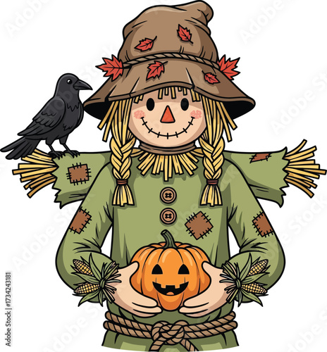 Cute scarecrow with a pumpkin and a crow, isolated on white background