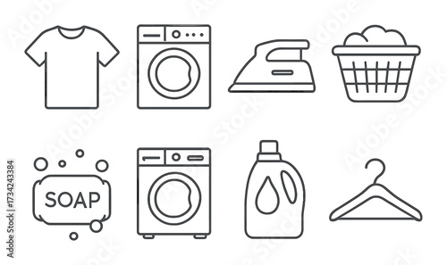 Laundry icon set with washing machine, detergent, iron, basket, and soap