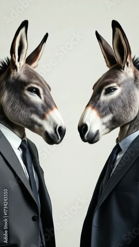 Two donkeys in suits face each other against a light backdrop
