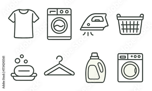 Laundry icons set: washing machine, iron, basket, soap, hanger, detergent