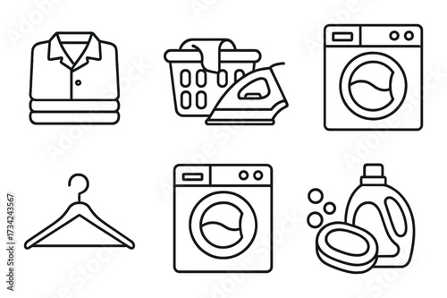 Laundry icons set: washer basket hanger detergent iron shirt symbols