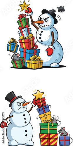 Grumpy snowman trying to decorate a christmas tree with gifts isolated on white background