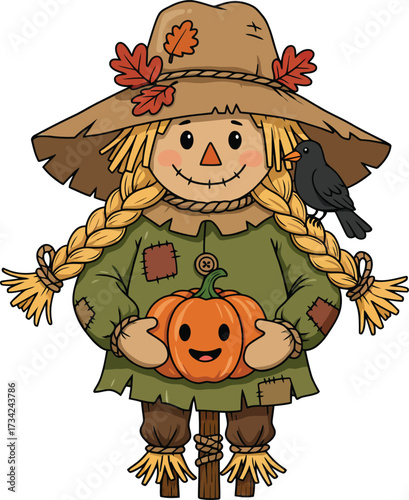 Smiling scarecrow holding a pumpkin, isolated on white background