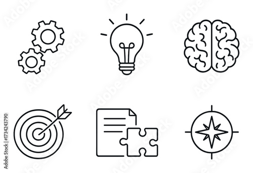 Innovative icons featuring gears lightbulb brain target document puzzle and compass