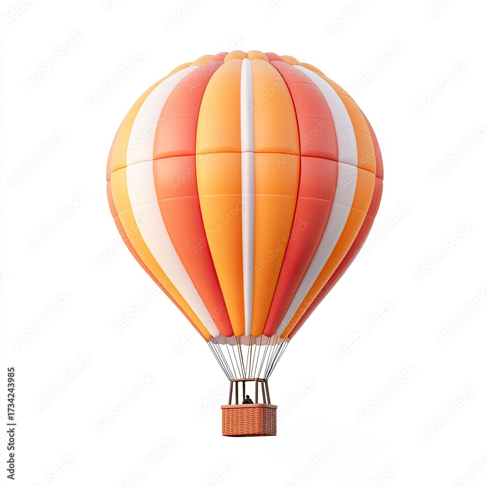 Fototapeta premium A vibrant hot air balloon, orange and white striped, floats against a pure white background. The balloon's design is symmetrical and the basket is dark brown. 3D rendered, detailed