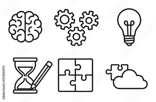 Abstract icons: brain, gears, lightbulb, hourglass, pencil, puzzle, cloud