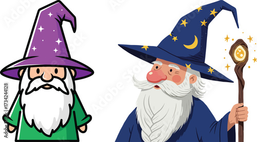 Two cartoon wizards with pointy hats and beards, one holding a staff