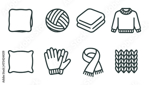 Icons set: pillow, yarn, blanket, sweater, gloves, scarf, knit pattern
