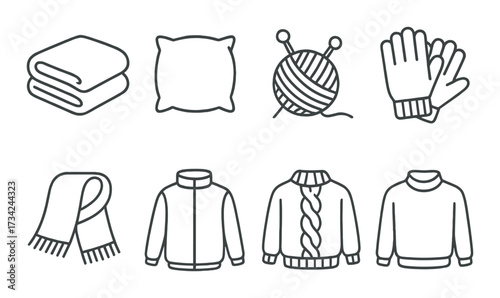 Winter clothing icons: blanket, pillow, yarn, gloves, scarf, jacket, sweater, pullover on black background