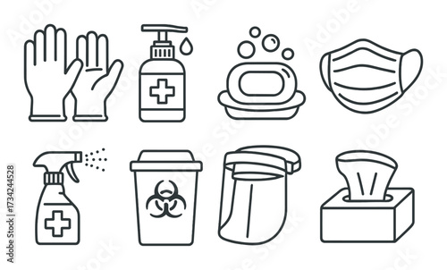 Essential hygiene icons: gloves, sanitizer, soap, mask, spray, waste, shield, tissues