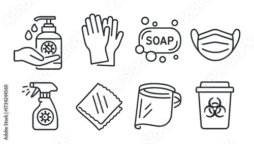 Hygiene icons set featuring soap, gloves, and mask for health safety