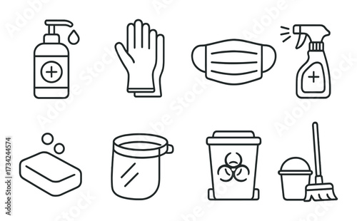 Essential hygiene and sanitation icons: soap, gloves, mask, disinfectant, face shield, biohazard, cleaning tools