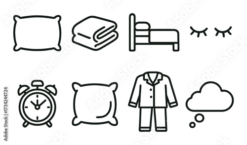 Sleep essentials icons: pillow, blanket, bed, pajamas, alarm clock, dream cloud
