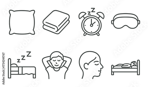 Sleep essentials: pillow, blanket, alarm clock, eye mask, relaxation icons
