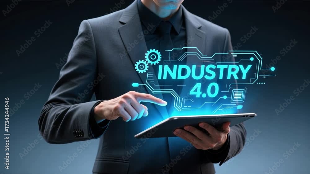 Businessman in dark suit points at tablet with glowing hologram industry 4.0 text gears and circuits, smart factory robotics automation theme