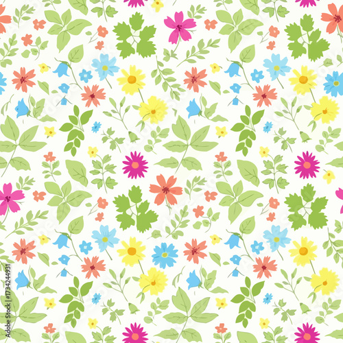 Colorful ditsy floral seamless pattern with small flowers and leaves. EPS Editable