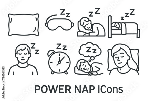 Power nap icons set illustrating sleep and relaxation concepts