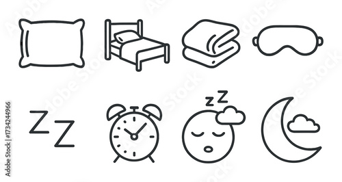 Sleep-related icons: pillow, bed, blanket, mask, z's, clock, sleeping face, moon