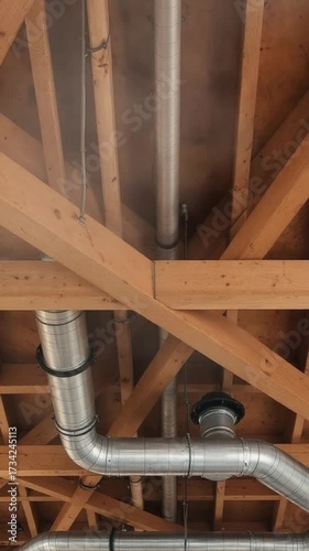 Ventilation system pipes against wooden beams architectural detail