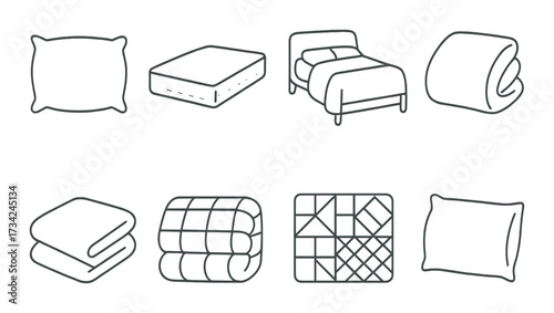 Collection of bedding items: pillows, mattress, bed, comforters, blankets in outline design