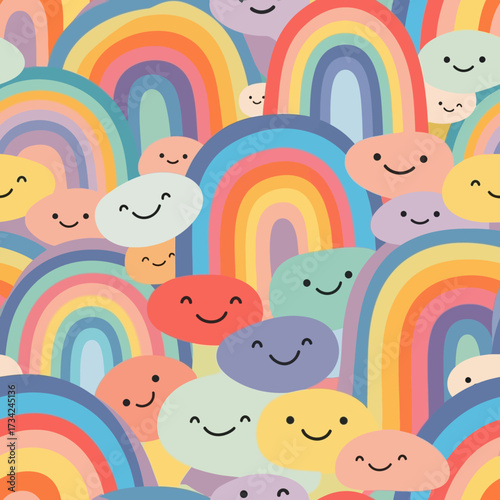 Cute Smiling Clouds and Colorful Rainbows Seamless Pattern. EPS Editable