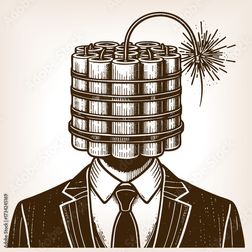 man in a suit with dynamite bundle as a head, symbolizing stress, tension, and explosive ideas sketch engraving generative ai fictional character vector illustration. Scratch board. Black and white.