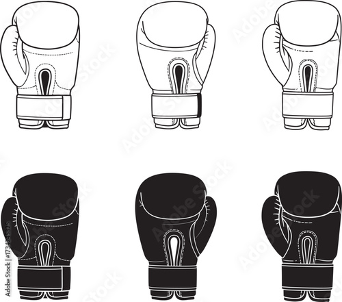 Six boxing gloves in a grid pattern three white and three black hand drawn sketch style