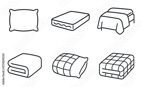Minimalist bedding icons including pillow blanket and mattress
