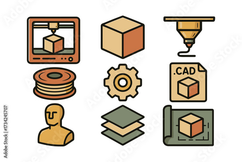 Colorful icons set of 3d printing and cad elements featuring cubes and machines