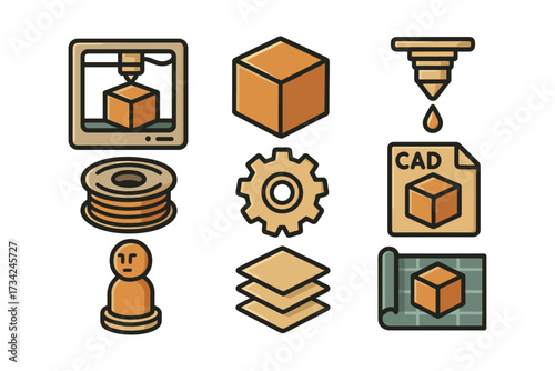 3d printing icons: technology, tools, and process elements in modern design