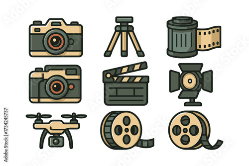 Retro photography and film equipment icons in flat style