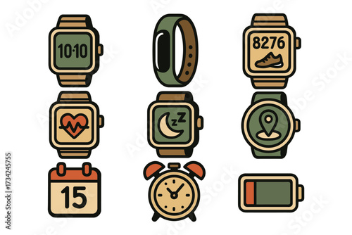 Smartwatch icons set featuring health, fitness, and navigation in flat retro style