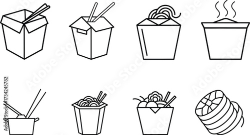 Chinese Takeout Food Containers and Chopsticks Line Art Icons Keywords: chinese food, takeout