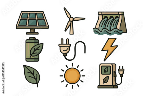 Renewable energy icons in flat style featuring solar, wind, and hydropower