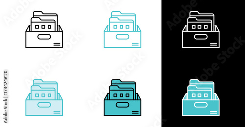 Document storage box with folders icon for archival and record keeping in line and fill style