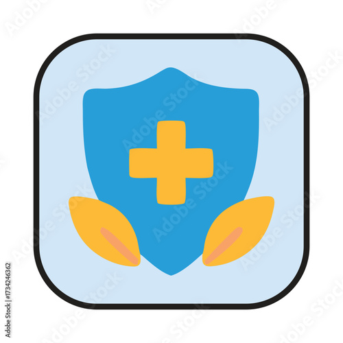Medical shield icon for health protection and insurance with a cross symbol and leaves