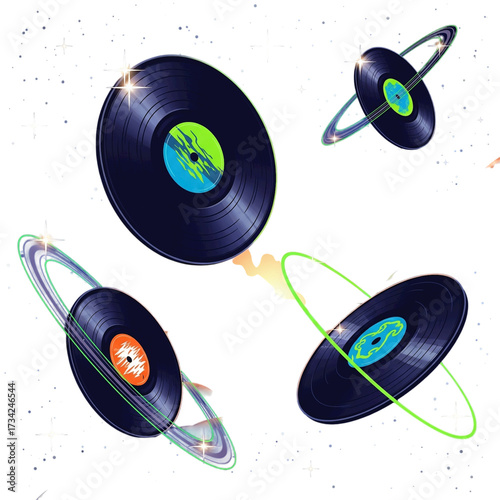 Spinning Vinyl Planets A Cosmic Symphony of Music and Celestial Wonders in Abstract Art