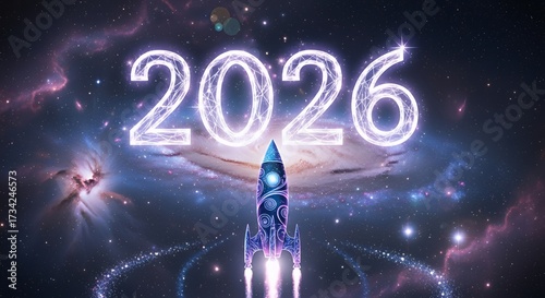 Futuristic Rocket Launch with Glowing Year 2026 in Space Scene