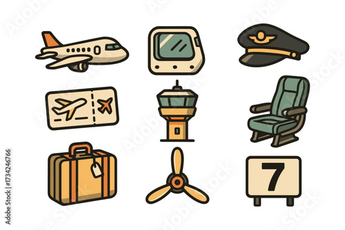 Aviation icon set featuring airplane, pilot hat, and travel elements in flat style