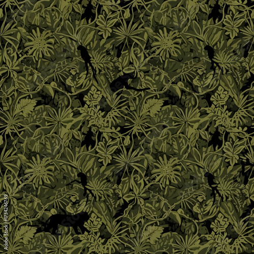 Lush Green Jungle Canopy with Hidden Wildlife Pattern. EPS Editable