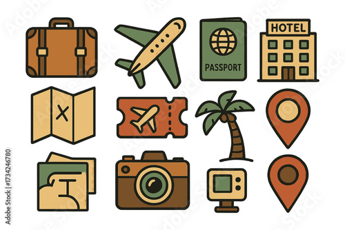 Travel and vacation icons set: adventure, destinations, and planning elements