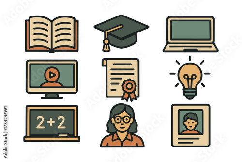 Educational icons set featuring learning tools and symbols for online and traditional education