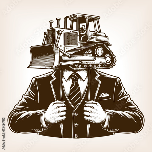 man in a suit with a bulldozer as a head, symbolizing power, authority, unstoppable force sketch engraving generative ai fictional character vector illustration. Scratch board. Black and white image.