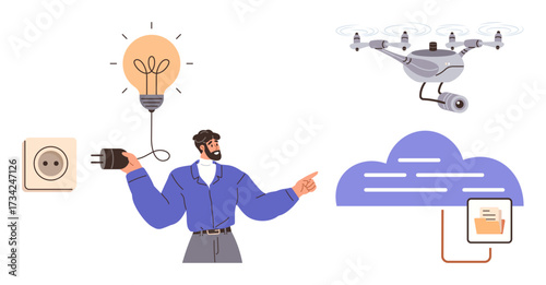 Man holding a plug and pointing at tech icons thumbs up a quadcopter and cloud storage as a metaphor for innovation. Ideal for technology, energy, connectivity, innovation, cloud computing, smart