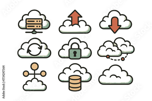Cloud computing icons set with data transfer and security elements