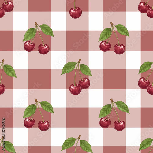 Seamless Cherry Pattern on a Rustic Pink Gingham Checkered Background. EPS Editable